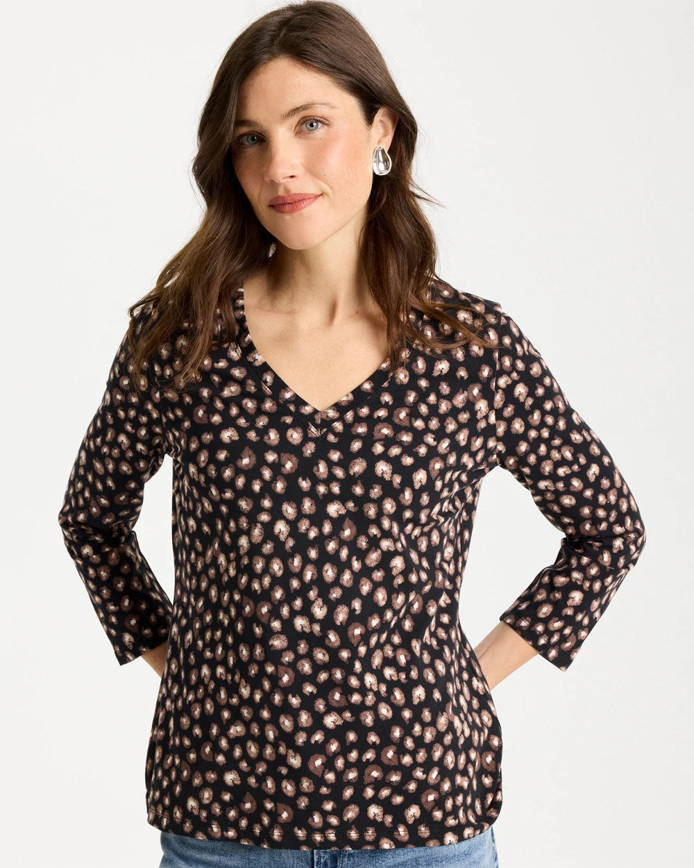 Chico's Classic - Cotton Stretch 3/4 Sleeve Polka Dot Tee Black
