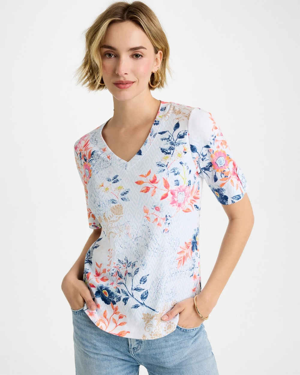 Chico's Popular - Pima Floral Elbow Sleeve Tee Calypso Coral