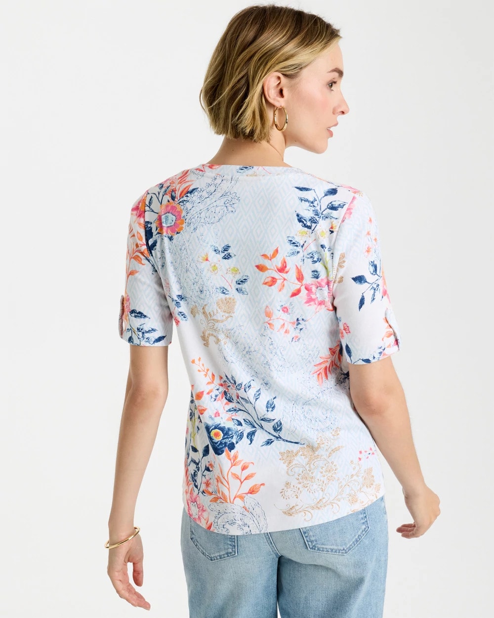 Chico's Popular - Pima Floral Elbow Sleeve Tee Calypso Coral