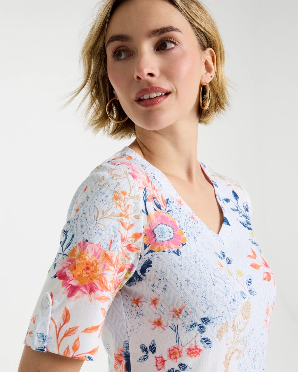 Chico's Popular - Pima Floral Elbow Sleeve Tee Calypso Coral