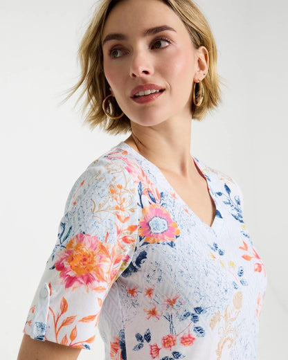 Chico's Popular - Pima Floral Elbow Sleeve Tee Calypso Coral
