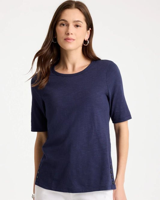 Chico's Trusted - Cotton Slub Crewneck Button Tee Passport Blue