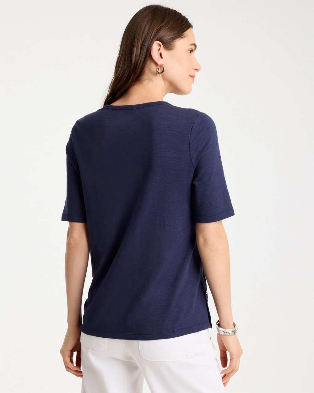 Chico's Trusted - Cotton Slub Crewneck Button Tee Passport Blue