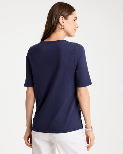 Chico's Trusted - Cotton Slub Crewneck Button Tee Passport Blue