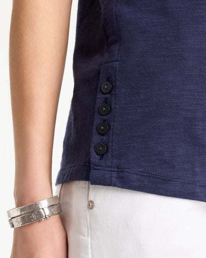 Chico's Trusted - Cotton Slub Crewneck Button Tee Passport Blue