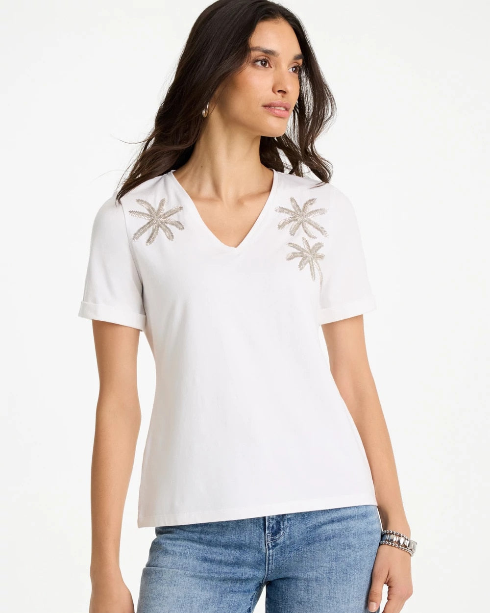 Chico's Great Value - Cotton Stretch Palm Sequin Tee Alabaster