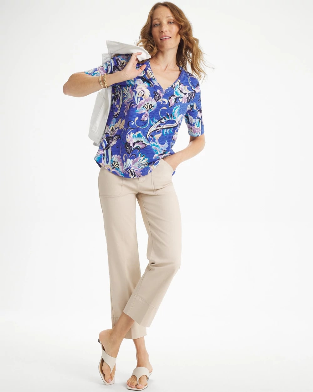Chico's Top Pick - Paisley Cotton Slub V-Neck Tee Amparo Blue