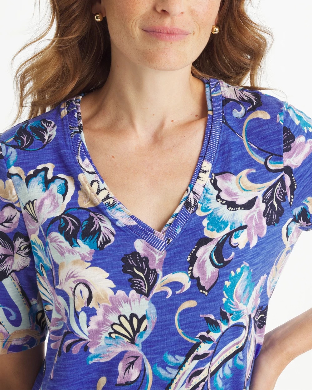 Chico's Top Pick - Paisley Cotton Slub V-Neck Tee Amparo Blue