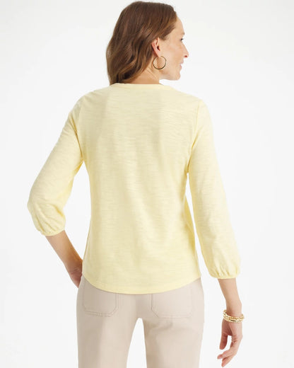 Chico's Special Offer - Puff Sleeve Cotton Slub Henley Tee Golden Haze