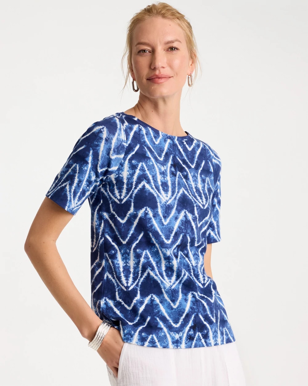 Chico's Everyday - Tie Dye Chevron Pima Elbow Sleeve Tee Passport Blue