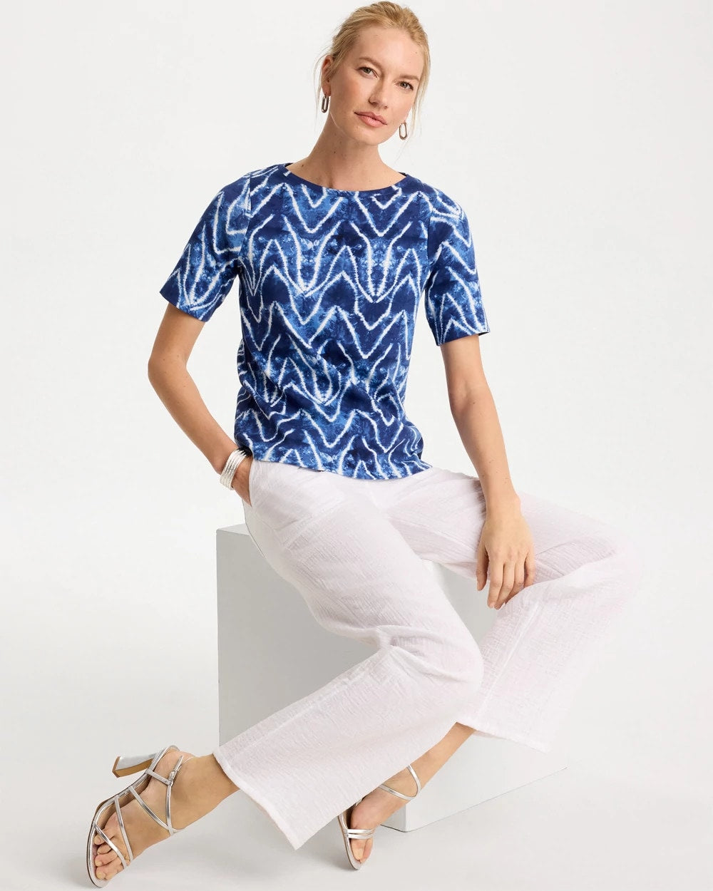 Chico's Everyday - Tie Dye Chevron Pima Elbow Sleeve Tee Passport Blue