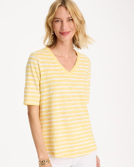 Chico's Customer Favorite - Striped Cotton Slub V-Neck Tee Golden Haze