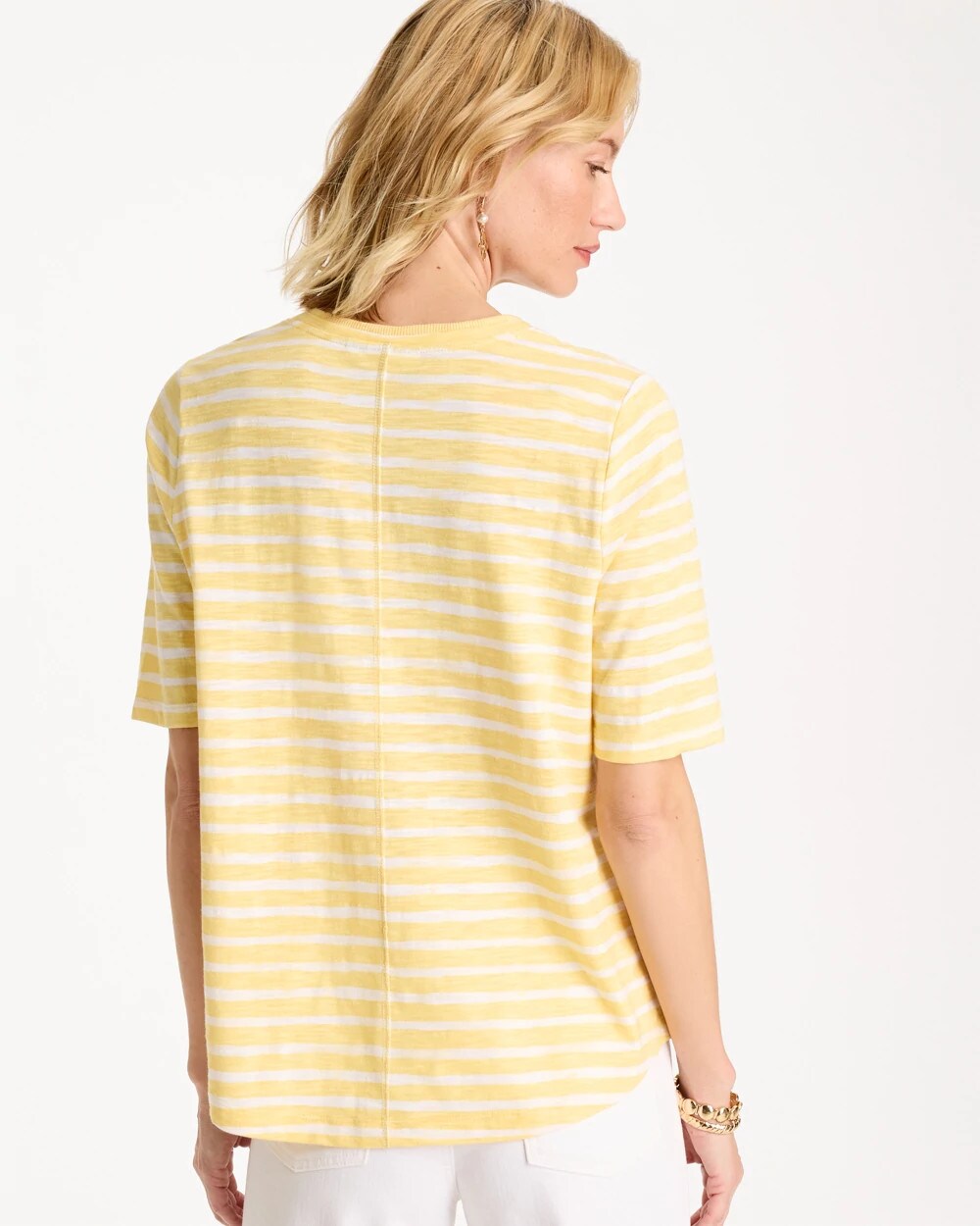 Chico's Customer Favorite - Striped Cotton Slub V-Neck Tee Golden Haze