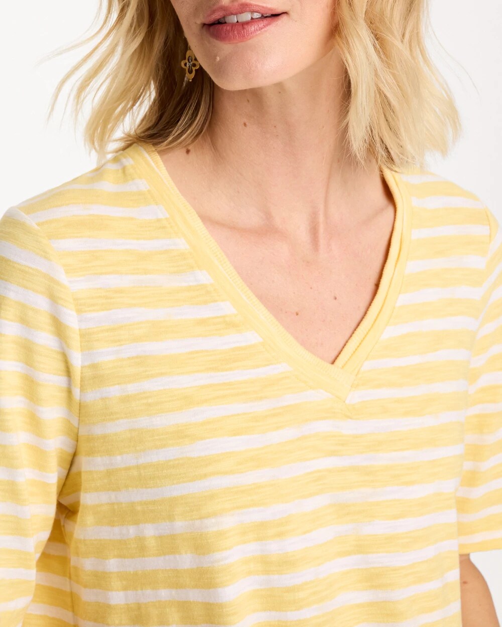 Chico's Customer Favorite - Striped Cotton Slub V-Neck Tee Golden Haze