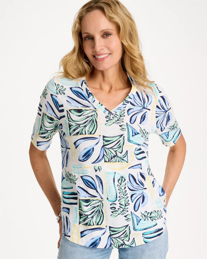 Chico's Discount - Palm Cotton Slub V-Neck Tee Green Clover