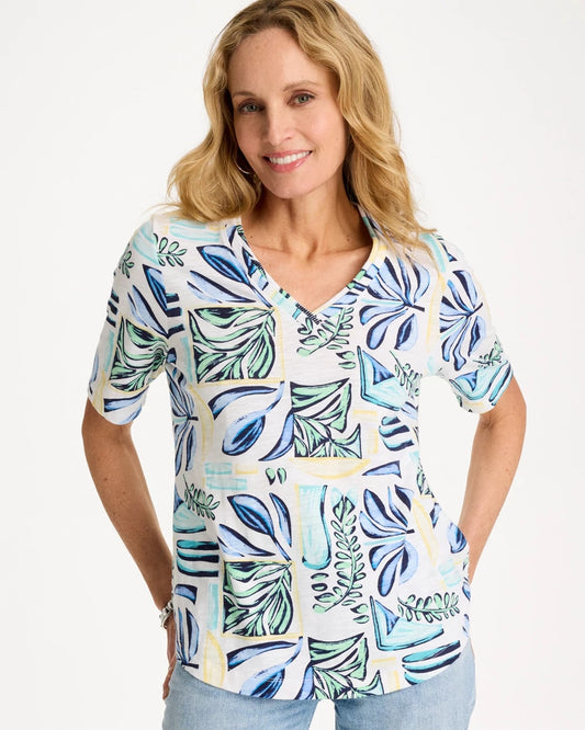 Chico's Discount - Palm Cotton Slub V-Neck Tee Green Clover