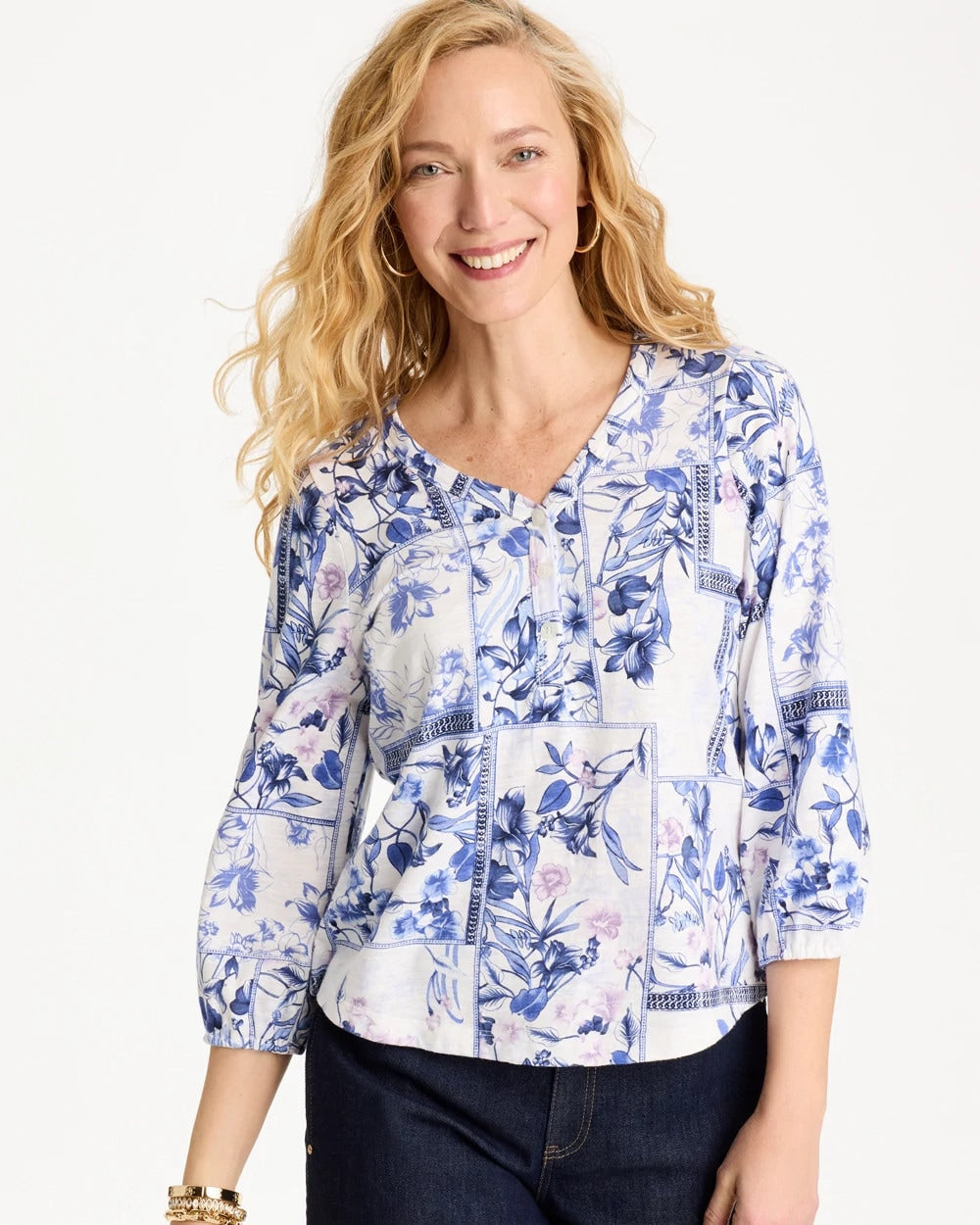 Chico's Trusted - Elle Puff Sleeve Cotton Slub Henley Tee Passport Blue