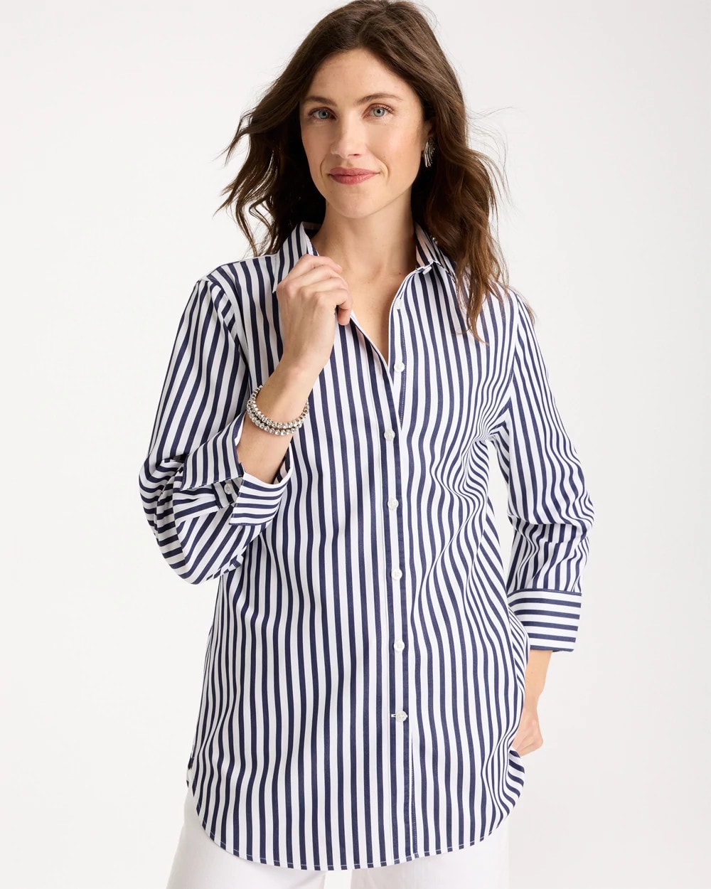 Chico's Classic - No Iron™ Stretch Striped Shirt Passport Blue
