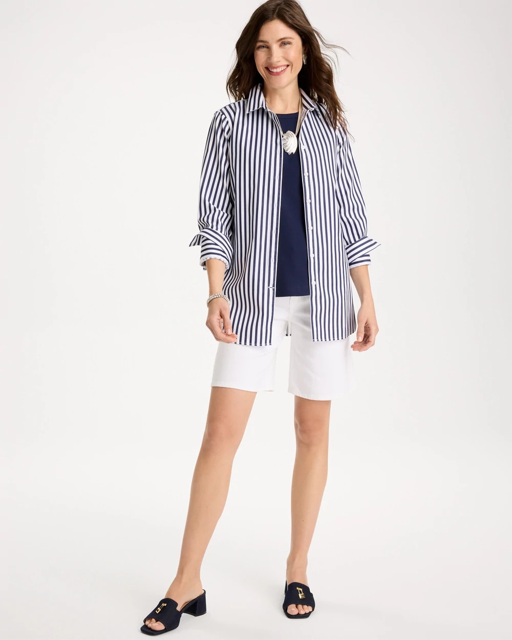 Chico's Classic - No Iron™ Stretch Striped Shirt Passport Blue