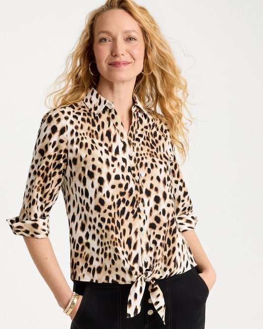 Chico's Premium - Poplin Cotton Animal Print Tie-Front Top Black