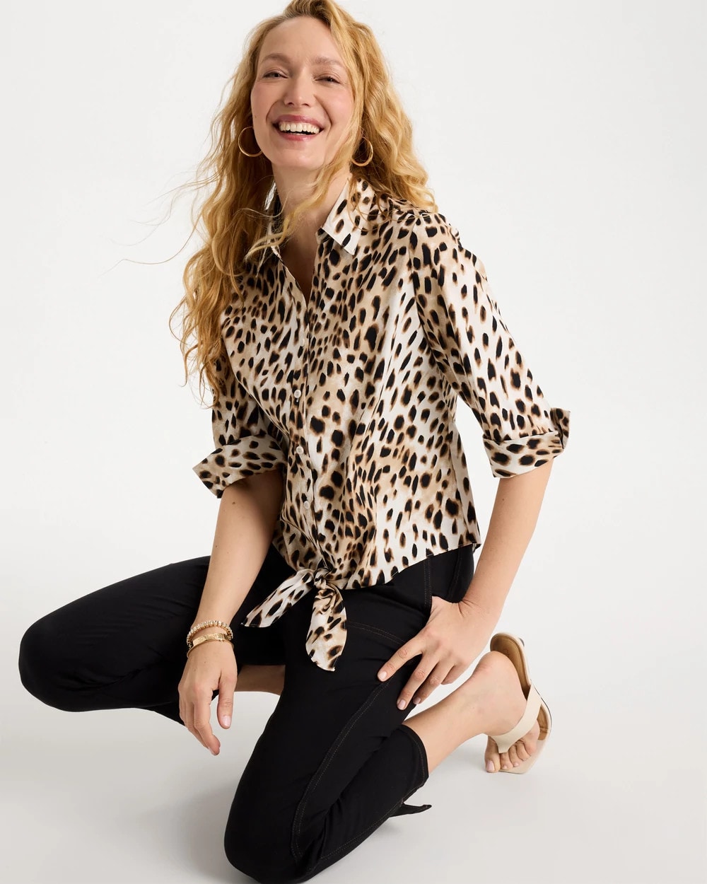 Chico's Premium - Poplin Cotton Animal Print Tie-Front Top Black