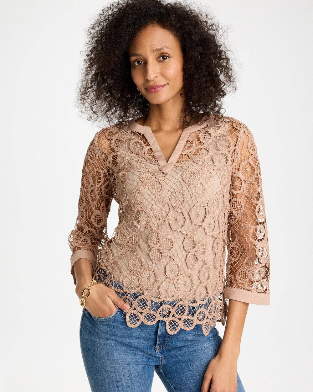 Chico's Value - Mixed-Media Medallion Lace Top Mocha Mousse