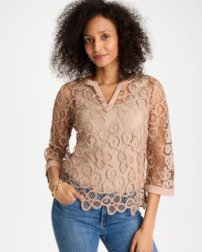 Chico's Value - Mixed-Media Medallion Lace Top Mocha Mousse