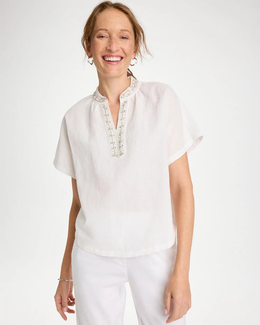 Chico's Signature - Linen Embellished Popover Top Alabaster