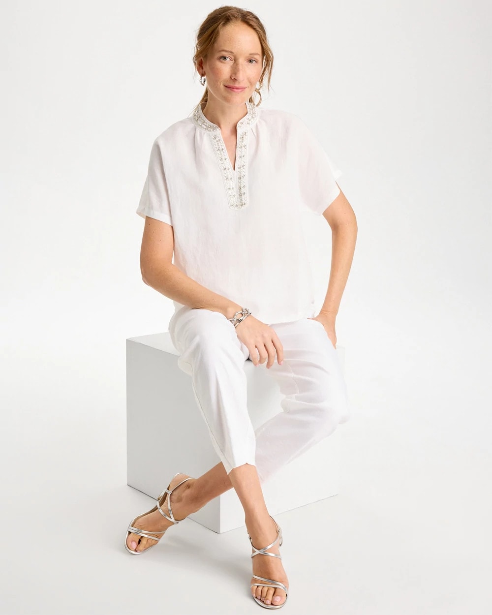Chico's Signature - Linen Embellished Popover Top Alabaster