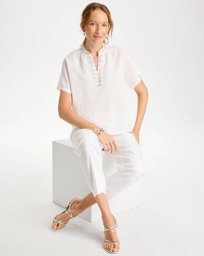 Chico's Signature - Linen Embellished Popover Top Alabaster