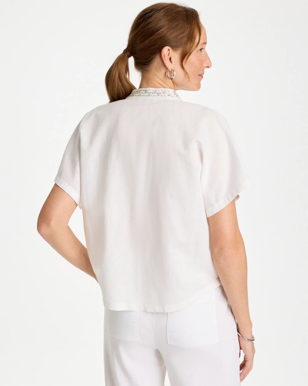 Chico's Signature - Linen Embellished Popover Top Alabaster