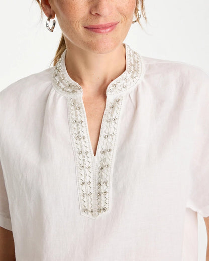 Chico's Signature - Linen Embellished Popover Top Alabaster