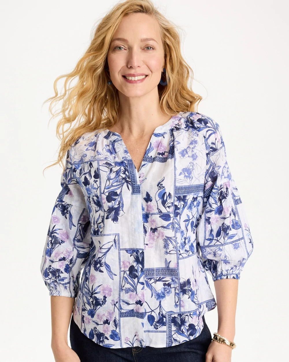 Chico's Best Price - Cotton Printed Billow Sleeve Blouse Amparo Blue