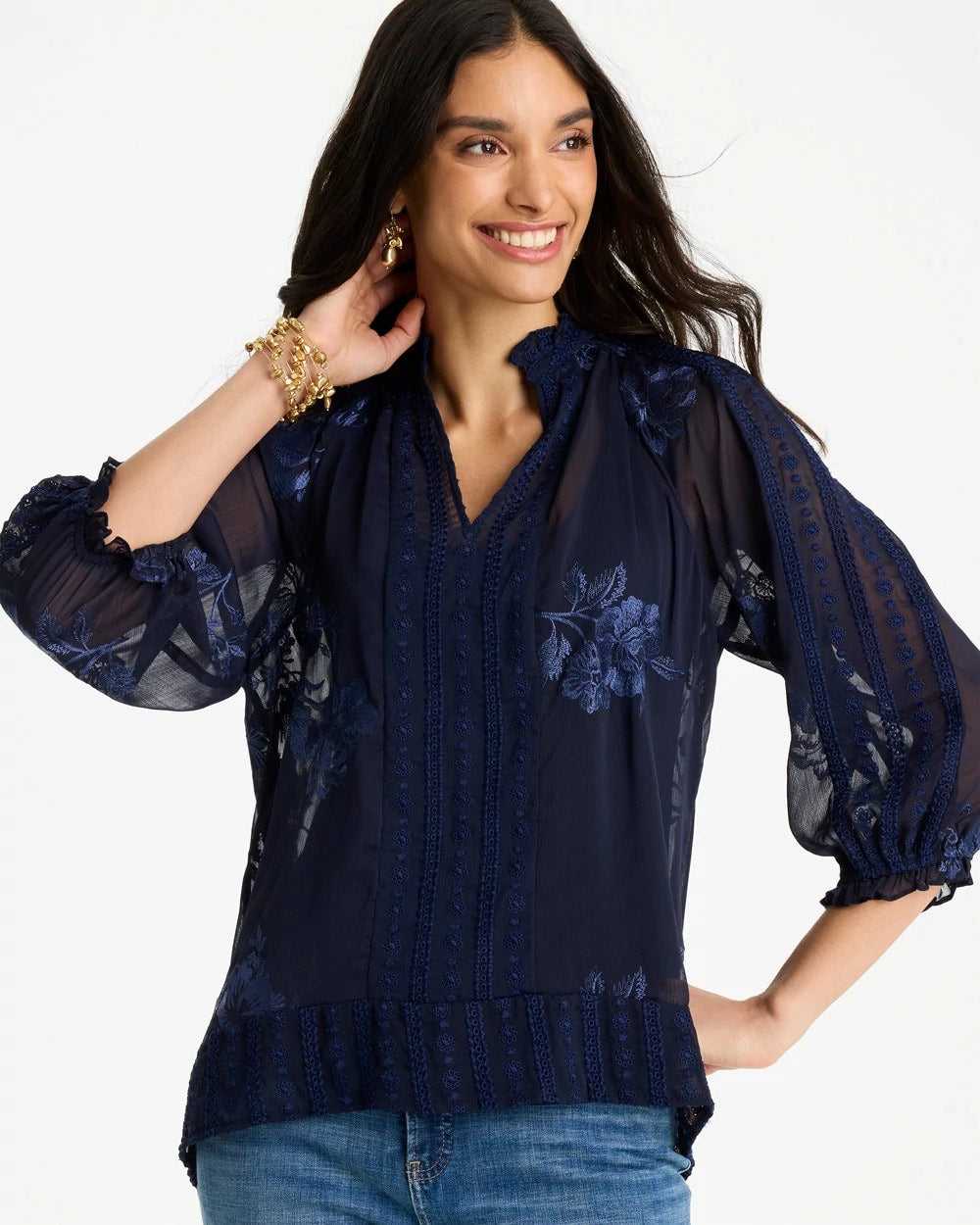 Chico's Recommended - Embellished Splitneck Blouse Passport Blue