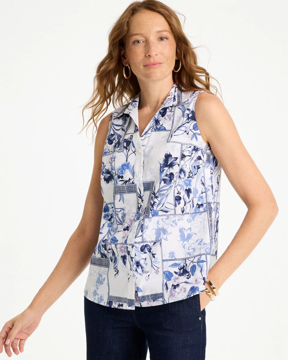 Chico's Deals - Cotton-Blend Classic Printed Sleeveless Shirt Amparo Blue