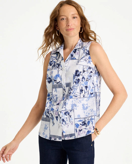 Chico's Deals - Cotton-Blend Classic Printed Sleeveless Shirt Amparo Blue