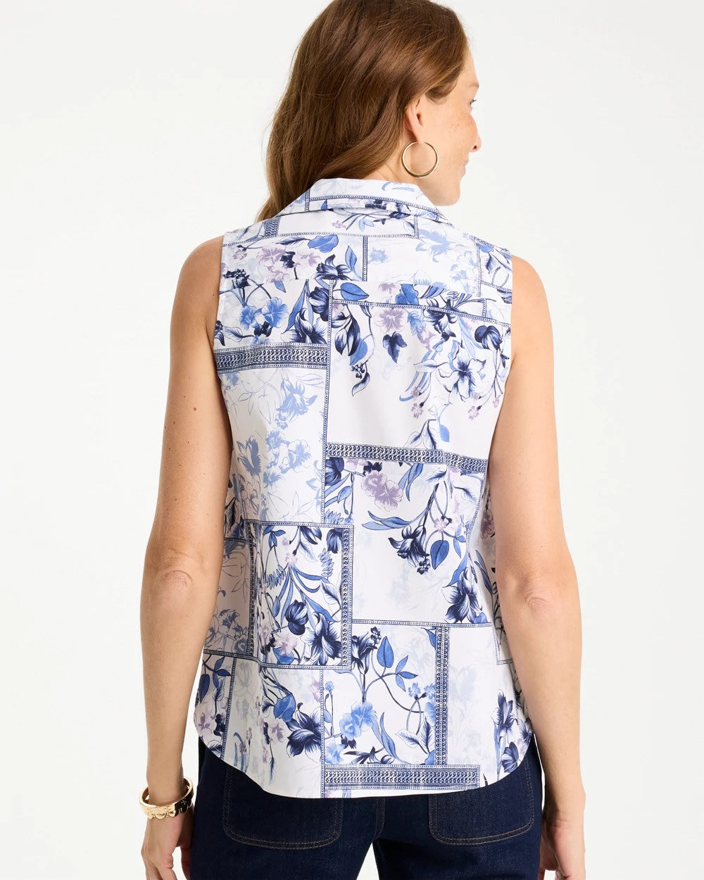 Chico's Deals - Cotton-Blend Classic Printed Sleeveless Shirt Amparo Blue