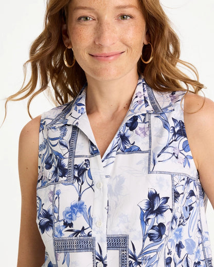 Chico's Deals - Cotton-Blend Classic Printed Sleeveless Shirt Amparo Blue