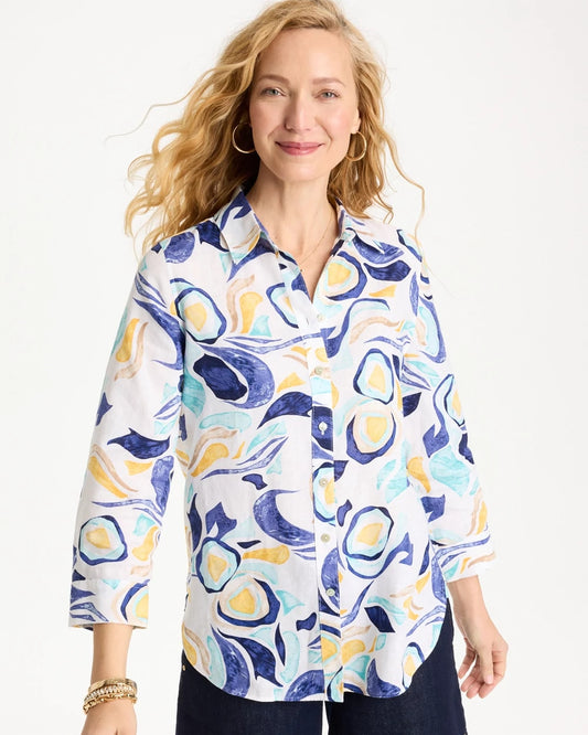 Chico's New - No Iron™ Linen Handpainted Print Shirt Passport Blue