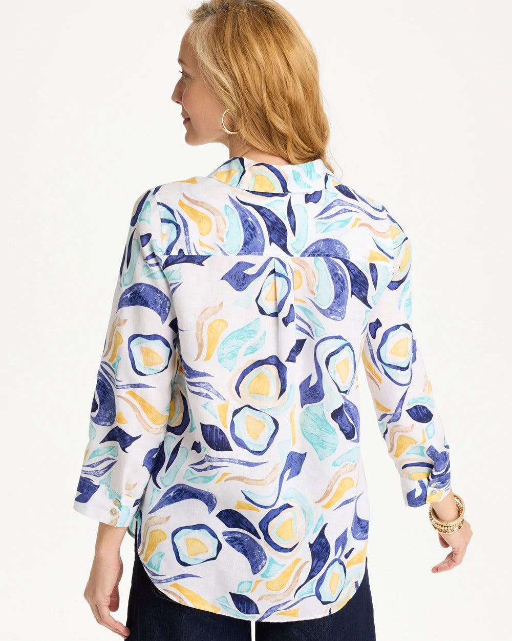 Chico's New - No Iron™ Linen Handpainted Print Shirt Passport Blue