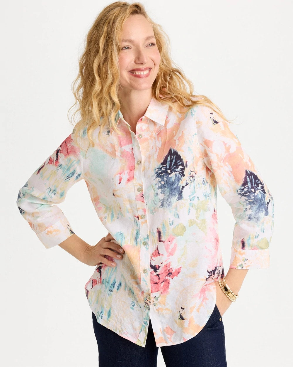 Chico's Smart Buy - No Iron™ Linen Printed Shirt Calypso Coral