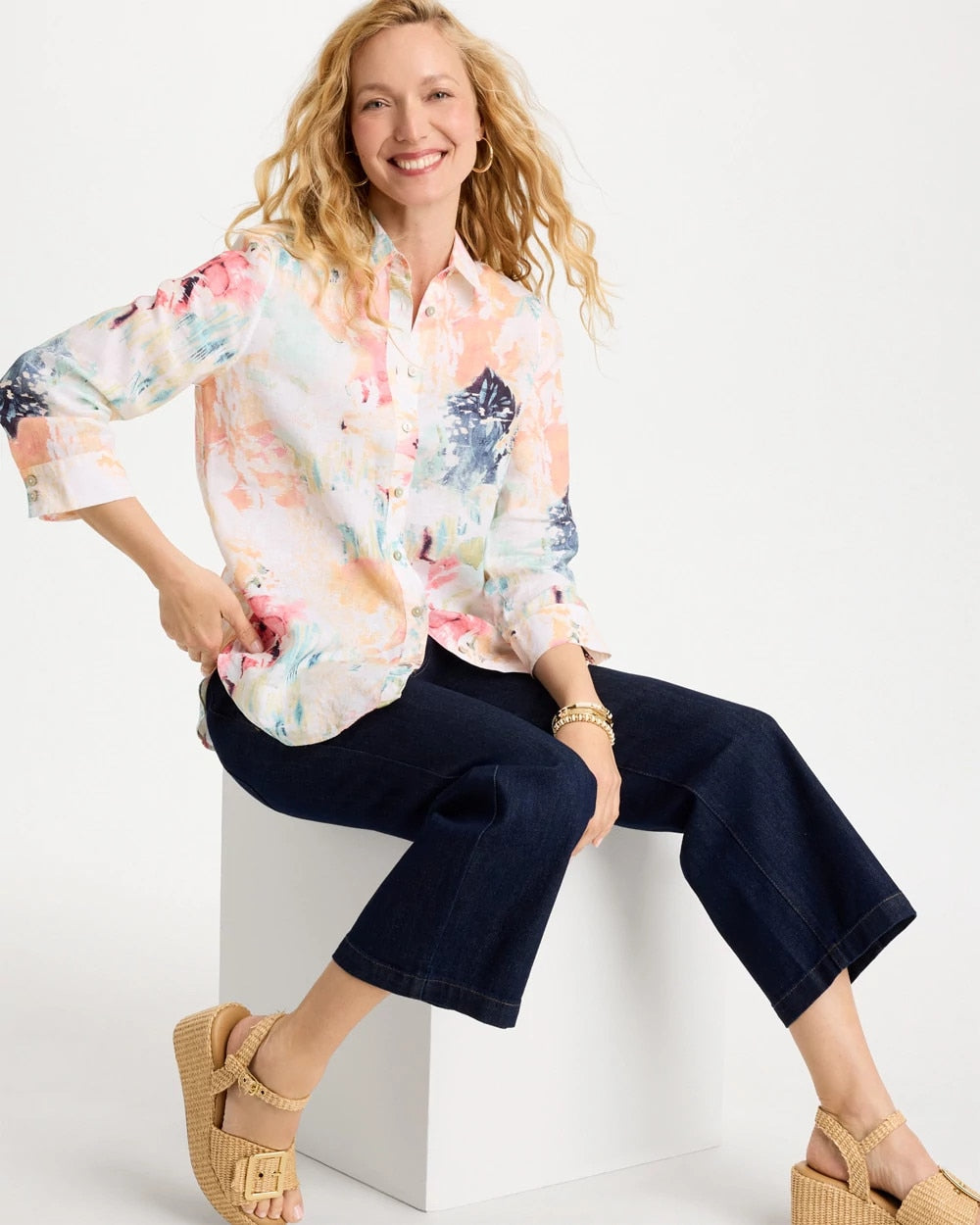 Chico's Smart Buy - No Iron™ Linen Printed Shirt Calypso Coral