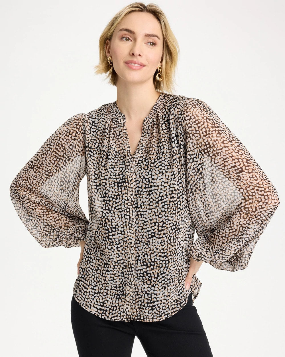 Chico's Classic - Georgette Printed Squares Blouse Black