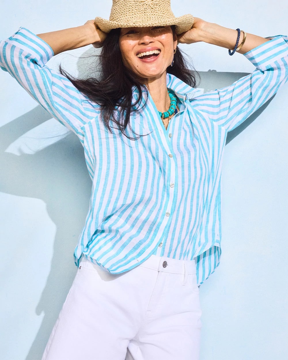 Chico's Hot Sale - No Iron™ Linen Striped Shirt Oceano