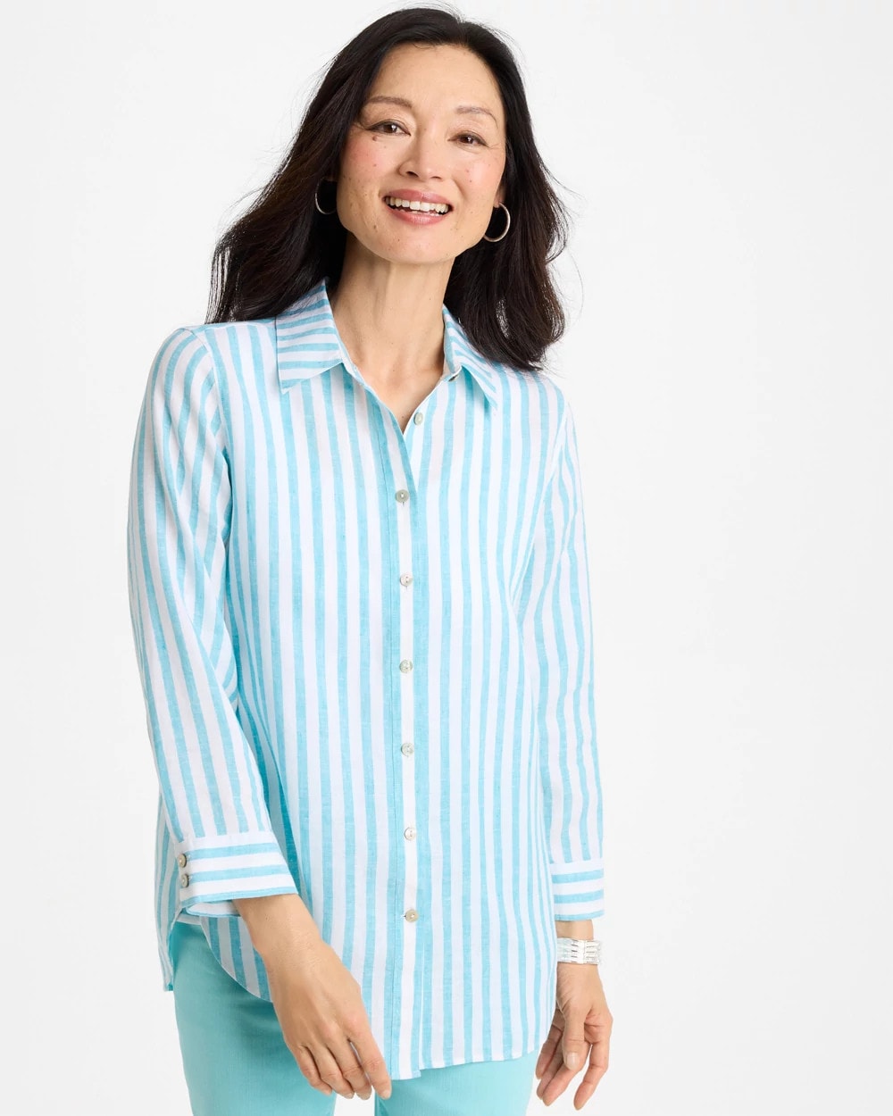 Chico's Hot Sale - No Iron™ Linen Striped Shirt Oceano
