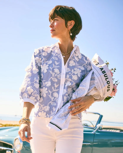 Chico's Latest - Cotton 3D Embroidered Striped Shirt Alabaster