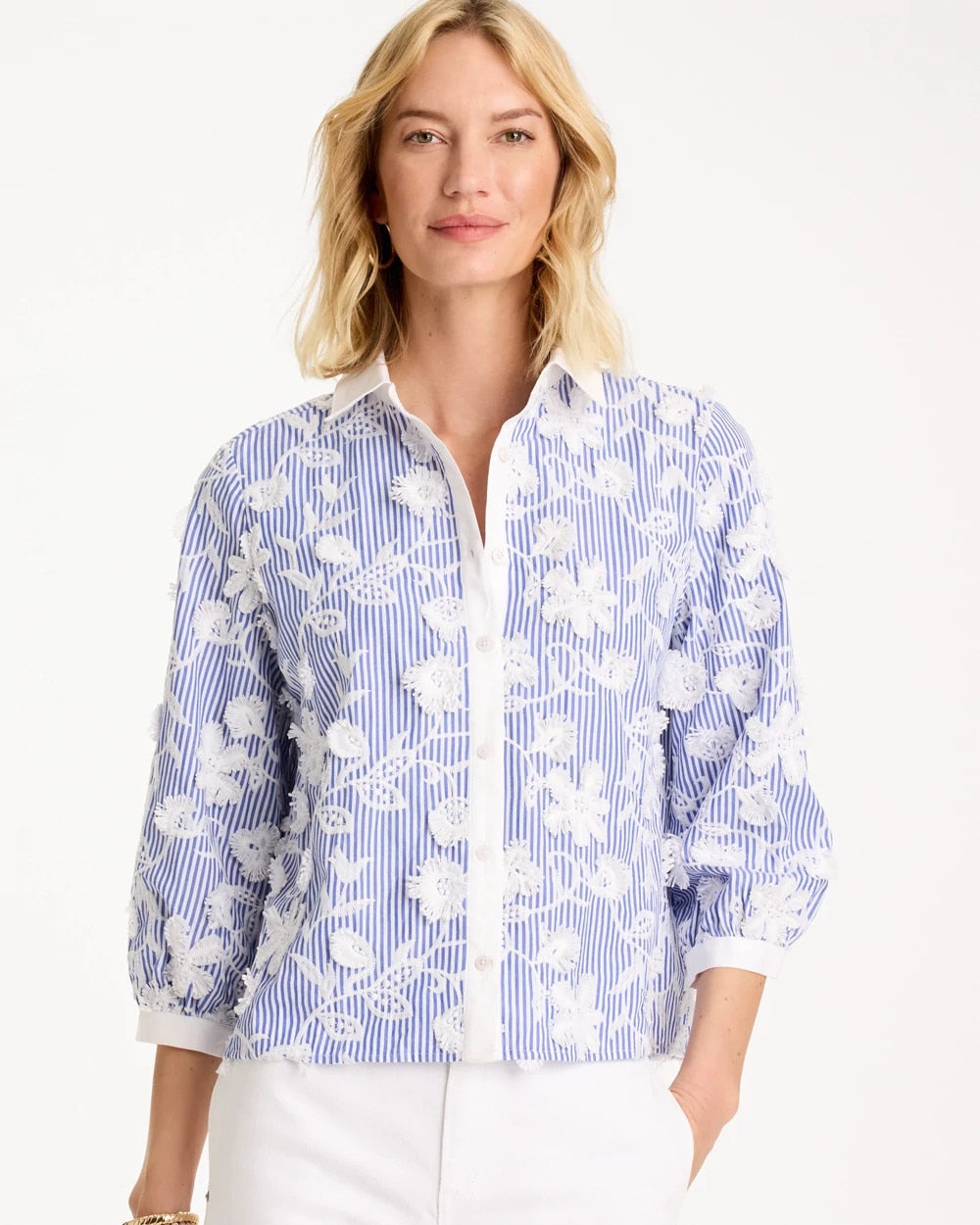 Chico's Latest - Cotton 3D Embroidered Striped Shirt Alabaster