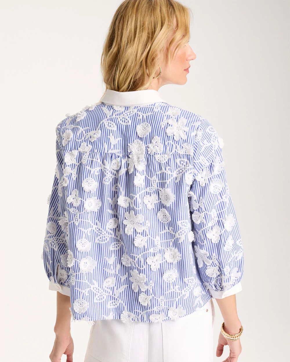 Chico's Latest - Cotton 3D Embroidered Striped Shirt Alabaster
