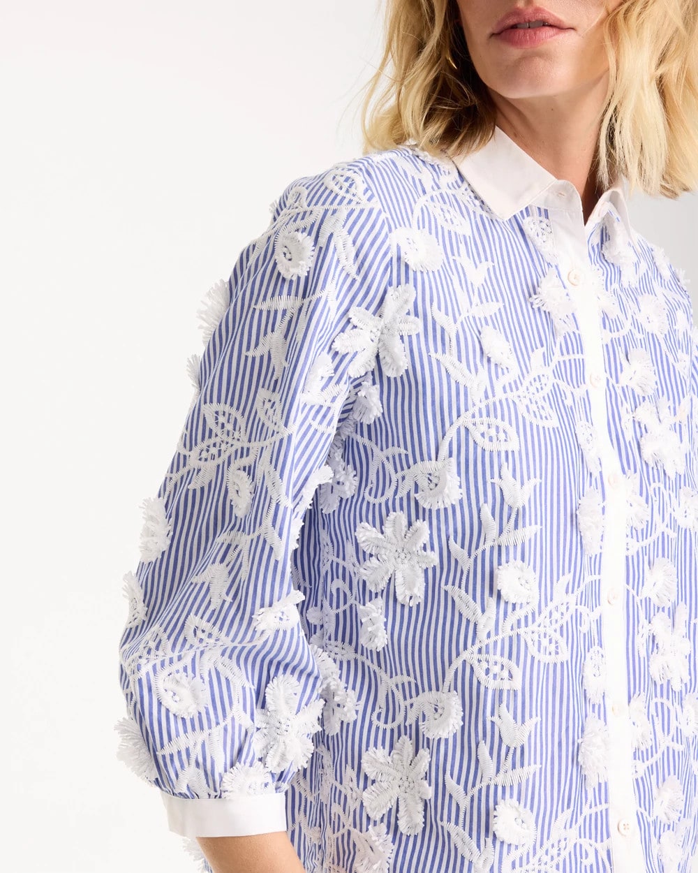 Chico's Latest - Cotton 3D Embroidered Striped Shirt Alabaster