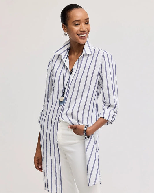 Chico's Great Value - Linen Metallic Striped Duster Shirt Alabaster